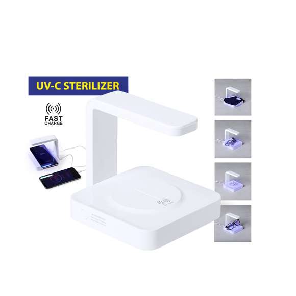 Lámpara esterilizadora de luz ultravioleta tipo C con cargador inalámbrico integrado para smartphone. Especialmente diseñada para la eliminación de microorganismos y bacterias en objetos de uso cotidiano como el smartphone, llaves, gafas, mascarilla, auriculares, smartwatch… Fabricada en resistente material ABS de acabado brillante y presentada en atractiva caja individual de diseño.  Fácil de usar, basta con situar el objeto a esterilizar en la base de la lámpara. Potencia de salida 2,5W y longitud de onda de 254 nm. Salida USB de 1000 mA, con función de carga rápida 10W y cable micro USB incluido a juego de 1 metro de largo. Tiempo de esterilización de 15 y 25 minutos con función autoapagado.  Disponible manual de usuario en español e inglés. Disponible certificación CE, RoHS y de efectividad germicida. Para un uso adecuado del producto, evitar el contacto con la piel y los ojos.