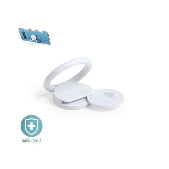 Soporte antibacteriano con adhesivo 3M extra fuerte. Ideal para smartphone, con moneda para carro integrada y anilla posterior 360º para el dedo, válida como soporte y accesorio para selfies.Los productos con tratamientos antibacterianos son capaces de reducir drásticamente las cargas bacterianas presentes en las superficies de los materiales, gracias a la incorporación de agentes microbianos permanentes estáticos, con alta efectividad para inhibir y prevenir la contaminación bacteriana.Artículo de acuerdo al estándar ISO 22196, que determina la actividad antibacteriana en materiales plásticos y superficies no porosas, lo que permite conocer la efectividad de inhibición microbiana que tienen los aditivos sobre los objetos tratados mediante una evaluación cuantitativa.