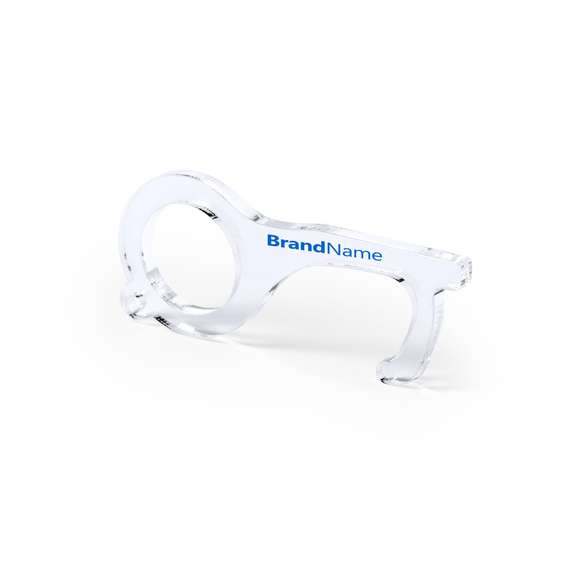 Llavero higiénico anti-contacto, fabricado en original y resistente material acrílico de acabado transparente. Especialmente diseñado para evitar tocar con las manos superficies de uso común (picaportes de puertas, interruptores, grifos de uso público, cajeros automáticos...). Con cómodo troquel para el dedo y presentado en bolsa individual de diseño. Recomendado para marcaje en tampografía.