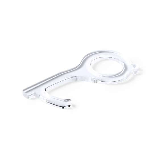 Llavero higiénico anti-contacto, fabricado en original y resistente material acrílico de acabado transparente. Especialmente diseñado para evitar tocar con las manos superficies de uso común (picaportes de puertas, interruptores, grifos de uso público, cajeros automáticos...). Con cómodo troquel para el dedo y presentado en bolsa individual de diseño. Recomendado para marcaje en tampografía.
