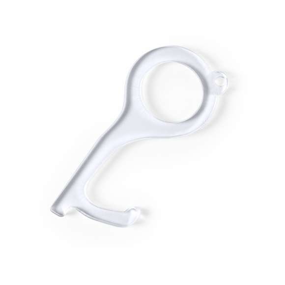 Llavero higiénico anti-contacto, fabricado en original y resistente material acrílico de acabado transparente. Especialmente diseñado para evitar tocar con las manos superficies de uso común (picaportes de puertas, interruptores, grifos de uso público, cajeros automáticos...). Con cómodo troquel para el dedo y presentado en bolsa individual de diseño. Recomendado para marcaje en tampografía.