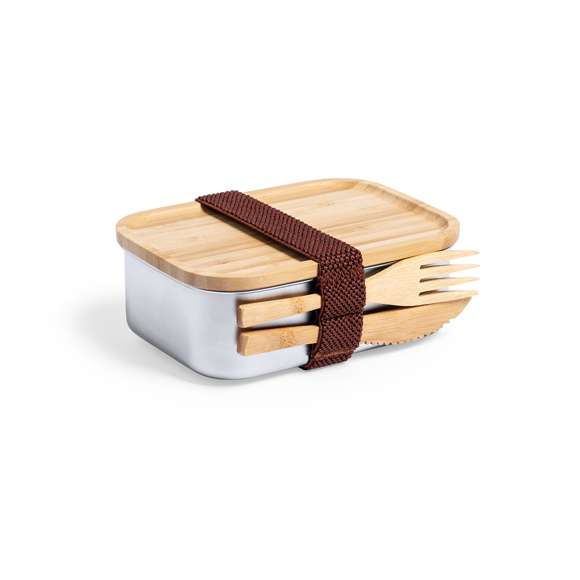  	Fiambrera de línea nature. Tapadera y cubiertos fabricados en bambú, con compartimento principal en acero inox de 600 ml de capacidad. Incluye cinta de seguridad con tenedor + cuchillo y tapa hermética con banda de goma. Presentada en atractiva caja individual de diseño nature.