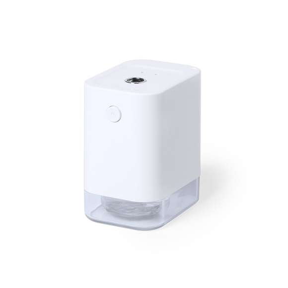 Dispensador automático de alcohol para higiene y limpieza de la piel, con sensor de movimiento de infrarrojos y led indicador. Tamaño compacto y discreto acabado en color blanco mate especialmente indicado para marcaje en tampografía, con depósito de 45 ml fácilmente rellenable (alcohol no incluido), más filtro y muelle de recambio.  Batería de iones de litio de 1.800 mA y capacidad de conversión electrónica ≥ 90%. Recargable mediante cable USB tipo C de 1 metro de largo en color a juego,.  Presentado en atractiva caja de diseño, disponible manual de instrucciones en español en inglés.