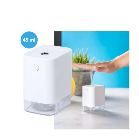 Dispensador automático de alcohol para higiene y limpieza de la piel, con sensor de movimiento de infrarrojos y led indicador. Tamaño compacto y discreto acabado en color blanco mate especialmente indicado para marcaje en tampografía, con depósito de 45 ml fácilmente rellenable (alcohol no incluido), más filtro y muelle de recambio.  Batería de iones de litio de 1.800 mA y capacidad de conversión electrónica ≥ 90%. Recargable mediante cable USB tipo C de 1 metro de largo en color a juego,.  Presentado en atractiva caja de diseño, disponible manual de instrucciones en español en inglés.