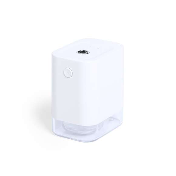 Dispensador automático de alcohol para higiene y limpieza de la piel, con sensor de movimiento de infrarrojos y led indicador. Tamaño compacto y discreto acabado en color blanco mate especialmente indicado para marcaje en tampografía, con depósito de 45 ml fácilmente rellenable (alcohol no incluido), más filtro y muelle de recambio.  Batería de iones de litio de 1.800 mA y capacidad de conversión electrónica ≥ 90%. Recargable mediante cable USB tipo C de 1 metro de largo en color a juego,.  Presentado en atractiva caja de diseño, disponible manual de instrucciones en español en inglés.