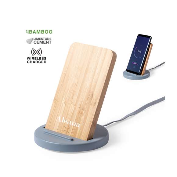 Cargador inalámbrico con función soporte para smartphone. Fabricado en combinación de piezas de bambú de corte nature y cemento de piedra caliza, un conglomerante formado por la mezcla de materiales naturales, principalmente piedra caliza molida y agua, obteniendo un material de gran consistencia y durabilidad.  Indicador led, cable de carga USB a juego y compatible con dispositivos equipados con tecnología de carga inalámbrica. Protección de seguridad para evitar sobrecalentamiento, sobrecarga y cortocircuito. Presentado en atractiva caja de diseño.