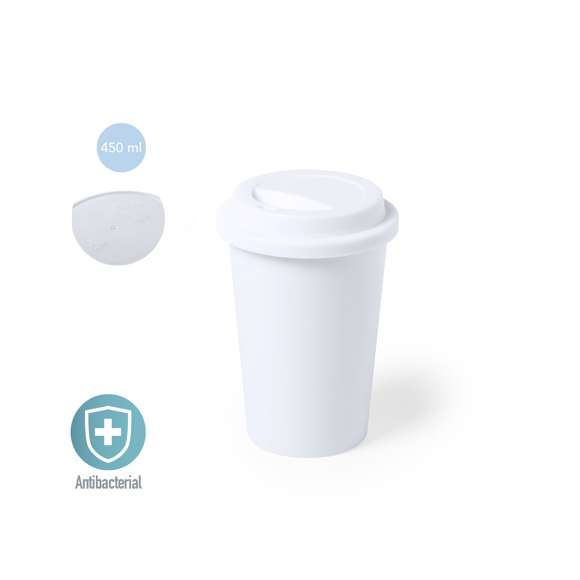 Vaso antibacteriano en resistente material PP de acabado sólido y libre de BPA. 450 ml de capacidad, con tapa dosificador de seguridad. Presentada en bolsa individual.  Los productos con tratamientos antibacterianos son capaces de reducir drásticamente las cargas bacterianas presentes en las superficies de los materiales, gracias a la incorporación de agentes microbianos permanentes estáticos, con alta efectividad para inhibir y prevenir la contaminación bacteriana.  Artículo de acuerdo al estándar ISO 22196, que determina la actividad antibacteriana en materiales plásticos y superficies no porosas, lo que permite conocer la efectividad de inhibición microbiana que tienen los aditivos sobre los objetos tratados mediante una evaluación cuantitativa.