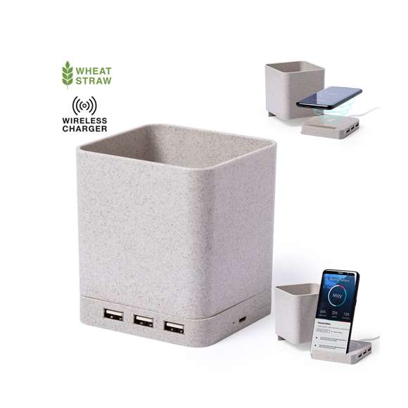 Lapicero multifunción 4 en 1 de línea nature. Carcasa en caña de trigo, para así fomentar la utilización de materias primas naturales y reducir las emisiones contaminantes.  Con funciones lapicero, soporte para smartphone, cargador inalámbrico y puerto USB (3xUSB 2.0). Compatible con smartphones con tecnología de carga inalámbrica, incluye cable micro USB en color blanco de 1 metro de largo. Presentado en atractiva caja de diseño eco. Disponible manual de instrucciones en español e inglés.