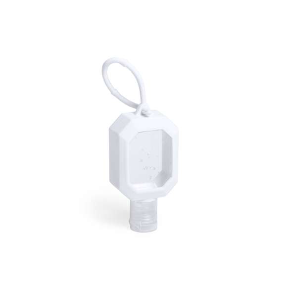 Gel hidroalcohólico para higiene y limpieza de la piel en bote rellenable de 30 ml, con extracto balsámico de Aloe Vera. Cuerpo en suave silicona de color blanco, con dosificador, tapón de seguridad y cordón en mismo material para transporte / fijación. Solución con 65% de contenido de alcohol.  Disponible certificación 94/62/EC.  Artículo con certificación GMP (Good Manufaturing Practices / Normas de Correcta Fabricación) que garantiza el cumplimiento de rigurosas medidas de control para la obtención de un producto seguro y de calidad.