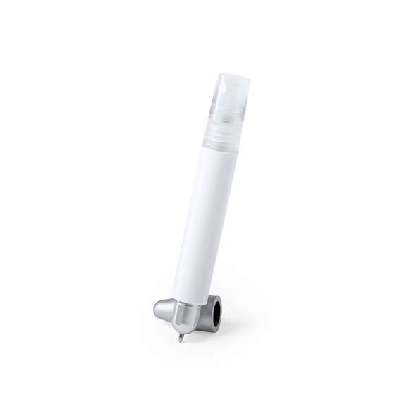 Bolígrafo antibacteriano con pulverizador recargable integrado y capucha protectora con puntero en color gris. Acabado liso en resistente ABS brillante con detalles cromados y escritura en tinta azul. Capacidad del pulverizador 3ml. Líquido no incluido.Los productos con tratamientos antibacterianos son capaces de reducir drásticamente las cargas bacterianas presentes en las superficies de los materiales, gracias a la incorporación de agentes microbianos permanentes estáticos, con alta efectividad para inhibir y prevenir la contaminación bacteriana.Artículo de acuerdo al estándar ISO 22196, que determina la actividad antibacteriana en materiales plásticos y superficies no porosas, lo que permite conocer la efectividad de inhibición microbiana que tienen los aditivos sobre los objetos tratados mediante una evaluación cuantitativa.