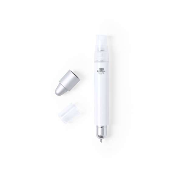 Bolígrafo antibacteriano con pulverizador recargable integrado y capucha protectora con puntero en color gris. Acabado liso en resistente ABS brillante con detalles cromados y escritura en tinta azul. Capacidad del pulverizador 3ml. Líquido no incluido.Los productos con tratamientos antibacterianos son capaces de reducir drásticamente las cargas bacterianas presentes en las superficies de los materiales, gracias a la incorporación de agentes microbianos permanentes estáticos, con alta efectividad para inhibir y prevenir la contaminación bacteriana.Artículo de acuerdo al estándar ISO 22196, que determina la actividad antibacteriana en materiales plásticos y superficies no porosas, lo que permite conocer la efectividad de inhibición microbiana que tienen los aditivos sobre los objetos tratados mediante una evaluación cuantitativa.