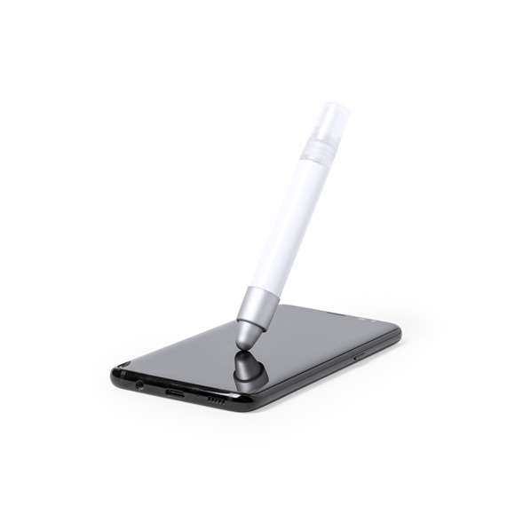 Bolígrafo antibacteriano con pulverizador recargable integrado y capucha protectora con puntero en color gris. Acabado liso en resistente ABS brillante con detalles cromados y escritura en tinta azul. Capacidad del pulverizador 3ml. Líquido no incluido.Los productos con tratamientos antibacterianos son capaces de reducir drásticamente las cargas bacterianas presentes en las superficies de los materiales, gracias a la incorporación de agentes microbianos permanentes estáticos, con alta efectividad para inhibir y prevenir la contaminación bacteriana.Artículo de acuerdo al estándar ISO 22196, que determina la actividad antibacteriana en materiales plásticos y superficies no porosas, lo que permite conocer la efectividad de inhibición microbiana que tienen los aditivos sobre los objetos tratados mediante una evaluación cuantitativa.
