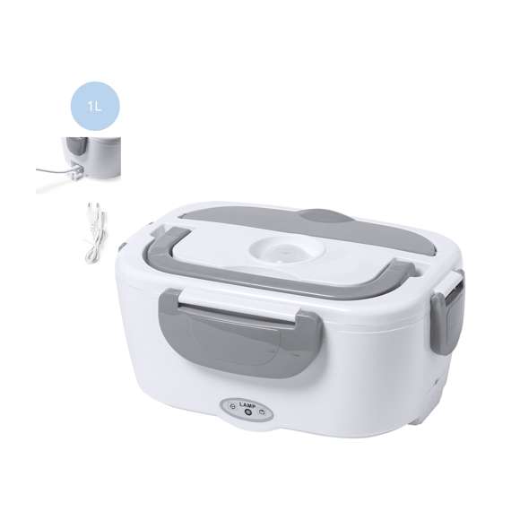 Fiambrera eléctrica de 1l de capacidad . Fabricada en resistente ABS libre de BPA y en diseño bicolor. Incluye práctica asa de transporte y tapa hemética con cierres de seguridad laterales. 2 compartimentos principales y compartimento auxiliar con cierre hermético. Cuchara incluida, con cable de alimentación para enchufe europeo. Ideal para calentar la comida en la oficina. Presentada en atractiva caja de diseño.