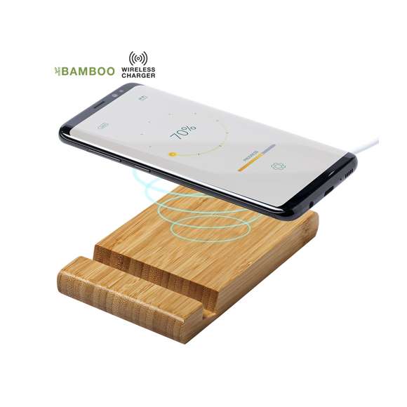 Cargador inalámbrico 15W de línea nature, con soporte integrado para smartphones y tablets. Carcasa en bambú procedente de cortes naturales. Incluye cable micro USB de 1m y es compatible con dispositivos equipados con tecnología de carga inalámbrica. Con amplia superficie de marcaje, presentado en atractiva caja de diseño eco.