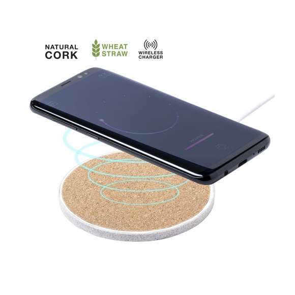 Cargador inalámbrico 10W de línea nature y diseño circular. Carcasa en combinación de materiales corcho natural y caña de trigo. Incluye cable micro USB de 1 metro de largo, con indicador de estado de carga y compatible con dispositivos equipados con tecnología de carga inalámbrica. Amplia superficie de marcaje y presentado en atractiva caja de diseño eco.