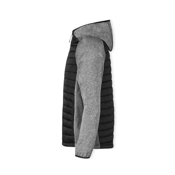 Chaqueta unisex transpirable en combinación de materiales soft shell y poliéster, con tejido acolchado tacto pluma en frontal y espalda. Capucha y manga estilo ranglán con ribete elástico en cuello, puños y bajo . De elegante construcción en combinación de colores negro y gris, resistente al viento y al agua. Cierre de cremallera y bolsillos laterales de cremallera con tiradores para fácil apertura. Disponible en tallas S, M, L, XL, XXL.