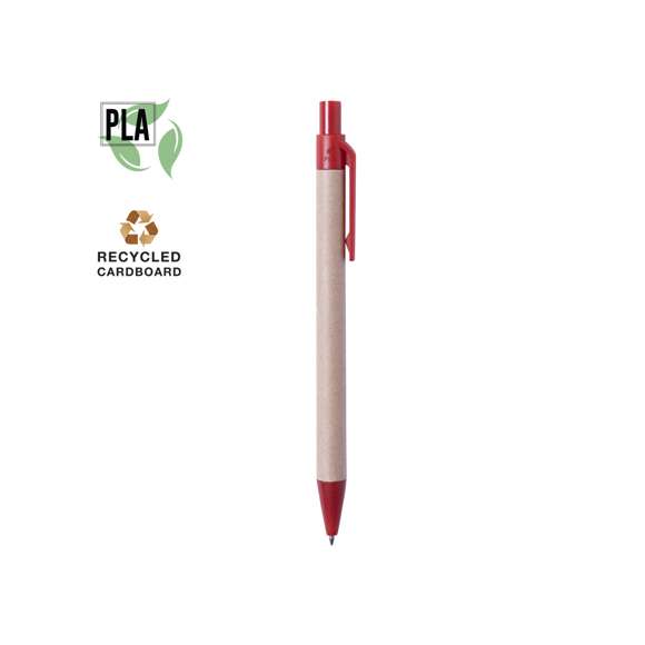 Bolígrafo de línea nature con mecanismo pulsador. Combinación de cuerpo en cartón reciclado de color natural y accesorios en PLA -Ácido PoliLáctico-, que se obtiene a partir de recursos 100% naturales como el almidón de maíz, la yuca o la caña de azúcar, pudiendo convertirse en 100% compostable al final de su ciclo de vida útil.  Disponible en variada gama de colores, con tinta azul. Distintivo PLA en parte superior del bolígrafo.