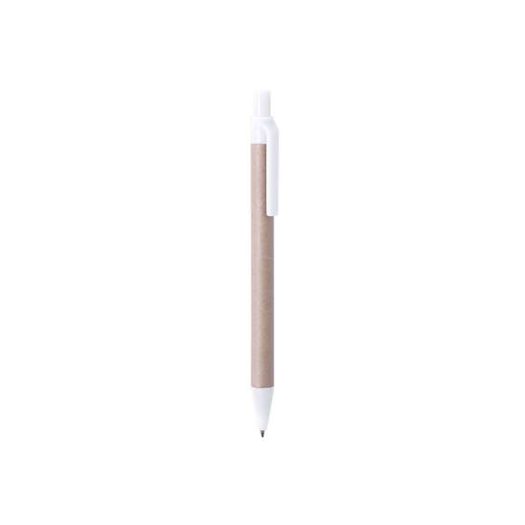 Bolígrafo de línea nature con mecanismo pulsador. Combinación de cuerpo en cartón reciclado de color natural y accesorios en PLA -Ácido PoliLáctico-, que se obtiene a partir de recursos 100% naturales como el almidón de maíz, la yuca o la caña de azúcar, pudiendo convertirse en 100% compostable al final de su ciclo de vida útil.  Disponible en variada gama de colores, con tinta azul. Distintivo PLA en parte superior del bolígrafo.