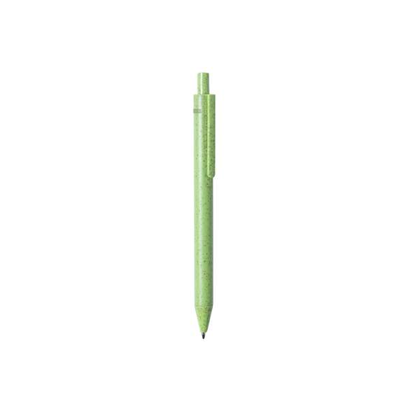  	Bolígrafo de línea nature con mecanismo pulsador. Cuerpo en caña de trigo y PP, para así fomentar la utilización de materias primas naturales y reducir las emisiones contaminantes. 	 	Clip con amplia superficie de marcaje y disponible en variada gama de colores pastel, con tinta azul. Con distintivo Wheat Straw en la parte superior del bolígrafo.