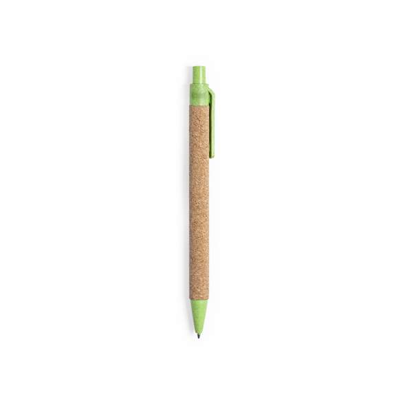  	Bolígrafo de línea nature con mecanismo pulsador. Combinación de cuerpo en corcho natural y accesorios en caña de trigo y ABS , para así fomentar la utilización y reciclado de materias primas, reduciendo así las emisiones contaminantes. 	 	Disponible en variada gama de colores, con tinta azul. Distintivo Wheat Straw en la parte superior del bolígrafo.