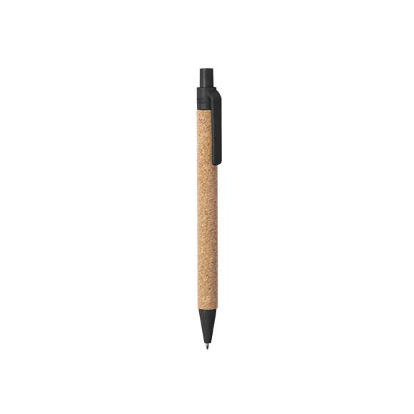  	Bolígrafo de línea nature con mecanismo pulsador. Combinación de cuerpo en corcho natural y accesorios en caña de trigo y ABS , para así fomentar la utilización y reciclado de materias primas, reduciendo así las emisiones contaminantes. 	 	Disponible en variada gama de colores, con tinta azul. Distintivo Wheat Straw en la parte superior del bolígrafo.