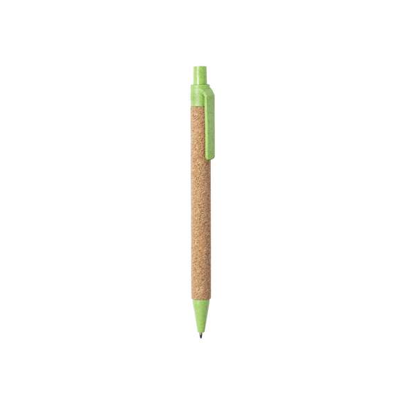  	Bolígrafo de línea nature con mecanismo pulsador. Combinación de cuerpo en corcho natural y accesorios en caña de trigo y ABS , para así fomentar la utilización y reciclado de materias primas, reduciendo así las emisiones contaminantes. 	 	Disponible en variada gama de colores, con tinta azul. Distintivo Wheat Straw en la parte superior del bolígrafo.