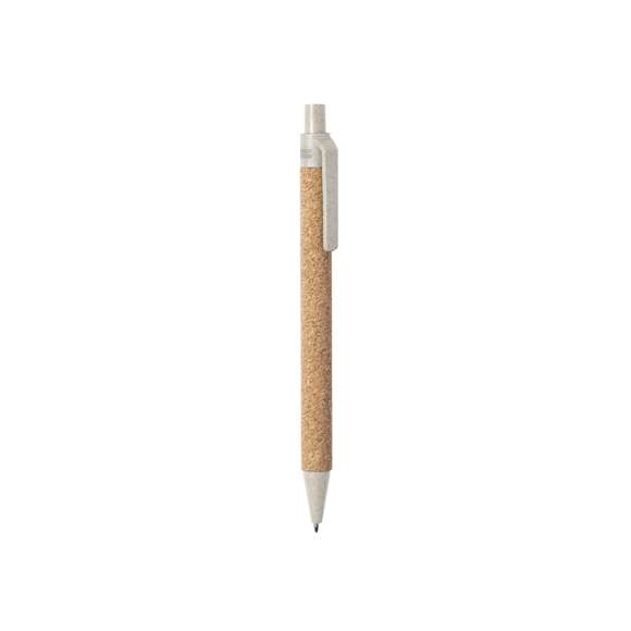  	Bolígrafo de línea nature con mecanismo pulsador. Combinación de cuerpo en corcho natural y accesorios en caña de trigo y ABS , para así fomentar la utilización y reciclado de materias primas, reduciendo así las emisiones contaminantes. 	 	Disponible en variada gama de colores, con tinta azul. Distintivo Wheat Straw en la parte superior del bolígrafo.