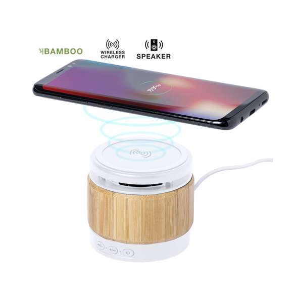 Altavoz Bluetooth® de línea nature con cargador inalámbrico integrado 5W y diseño compacto. Fabricado en combinación de materiales bambú y ABS, de elegante acabado bicolor. Conexión Bluetooth® 5.0 y 3W de potencia. Recargable mediante cable USB -de 150 cm incluido- y presentado en una atractiva caja de diseño eco. disponible manual de instrucciones en español e inglés.