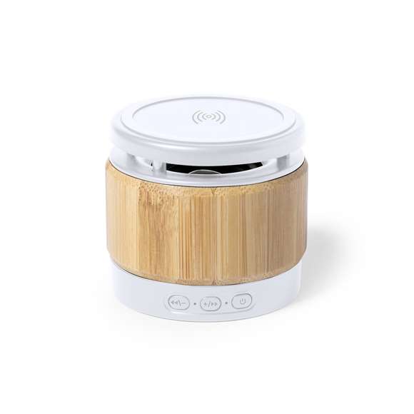 Altavoz Bluetooth® de línea nature con cargador inalámbrico integrado 5W y diseño compacto. Fabricado en combinación de materiales bambú y ABS, de elegante acabado bicolor. Conexión Bluetooth® 5.0 y 3W de potencia. Recargable mediante cable USB -de 150 cm incluido- y presentado en una atractiva caja de diseño eco. disponible manual de instrucciones en español e inglés.