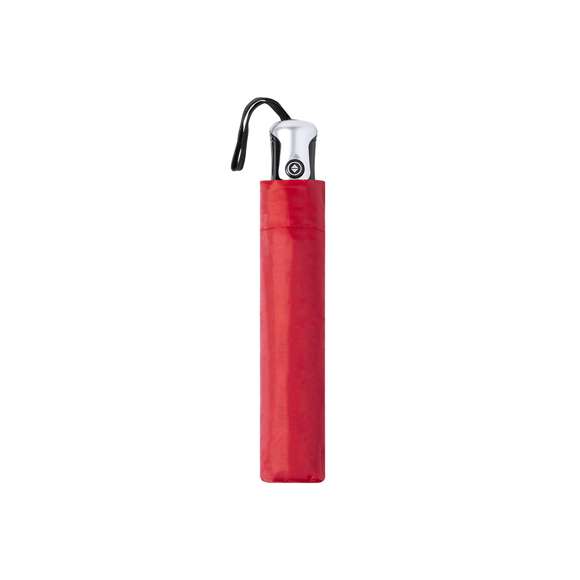 Paraguas plegable de 8 paneles y 98cm de diámetro. Tela en resistente poliéster 190T, con mecanismo automático de apertura/cierre y sistema antiviento. Varillas metálicas en color plata y fibra de vidrio. Cierre de velcro y mango ergonómico con cinta de transporte. Incluye funda a juego.