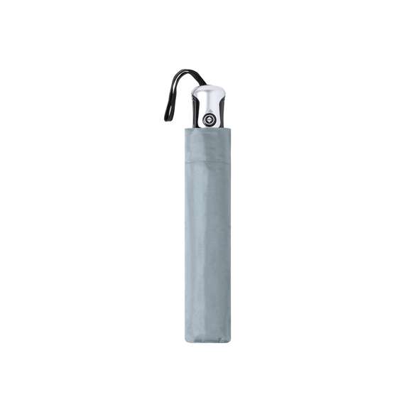 Paraguas plegable de 8 paneles y 98cm de diámetro. Tela en resistente poliéster 190T, con mecanismo automático de apertura/cierre y sistema antiviento. Varillas metálicas en color plata y fibra de vidrio. Cierre de velcro y mango ergonómico con cinta de transporte. Incluye funda a juego.