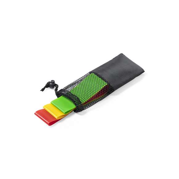 Set de gomas elásticas para los más deportistas. Incluye 3 cintas de 30x5 cm, fabricadas en resistente material TPE y 3 niveles de resistencia: ligera, media y fuerte. Presentado en funda de poliéster con cierre de cordón y accesorio de ajuste.