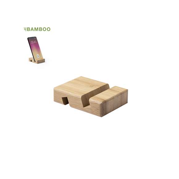 Soporte de línea nature para dispositivos móviles (smartphones y tablets). Fabricado en resistente bambú de acabado lacado, con ranura/soporte en ambas caras.