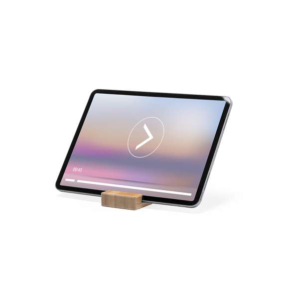 Soporte de línea nature para dispositivos móviles (smartphones y tablets). Fabricado en resistente bambú de acabado lacado, con ranura/soporte en ambas caras.
