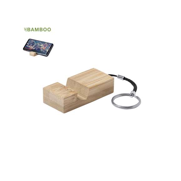 Llavero soporte de línea nature para smartphone. Fabricado en resistente bambú de acabado lacado, con resistente cordón y anilla metálica.
