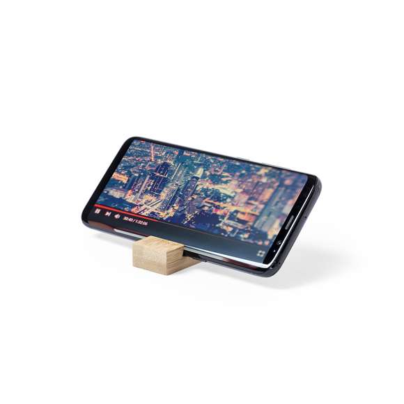Llavero soporte de línea nature para smartphone. Fabricado en resistente bambú de acabado lacado, con resistente cordón y anilla metálica.