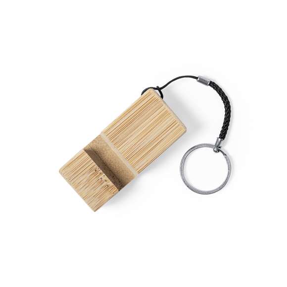 Llavero soporte de línea nature para smartphone. Fabricado en resistente bambú de acabado lacado, con resistente cordón y anilla metálica.