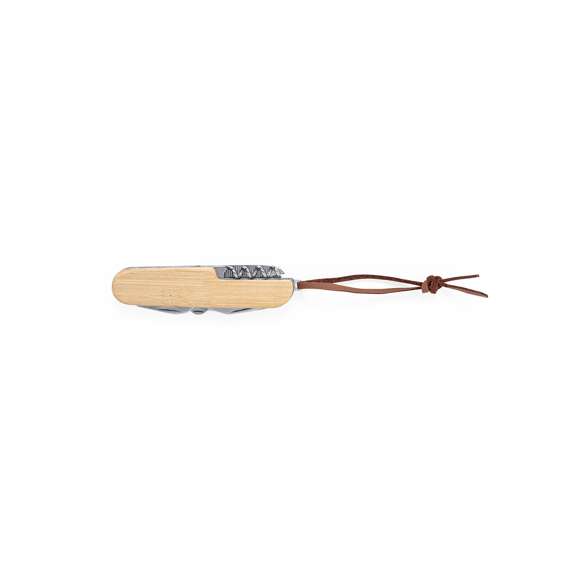 Navaja multiusos de línea nature, en combinación de materiales bambú y acero inox, con 9 funciones. Incluye navaja, abridores, tijeras, lima, destornillador, sacacorchos… Con cinta para transporte en polipiel y presentada en caja individual.