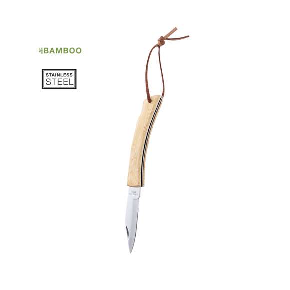  	Navaja de línea nature con hoja de acero inox y resistente empuñadura de bambú con bloqueo de seguridad. Con cinta para transporte en polipiel y presentada en caja individual.