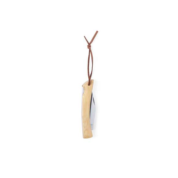  	Navaja de línea nature con hoja de acero inox y resistente empuñadura de bambú con bloqueo de seguridad. Con cinta para transporte en polipiel y presentada en caja individual.