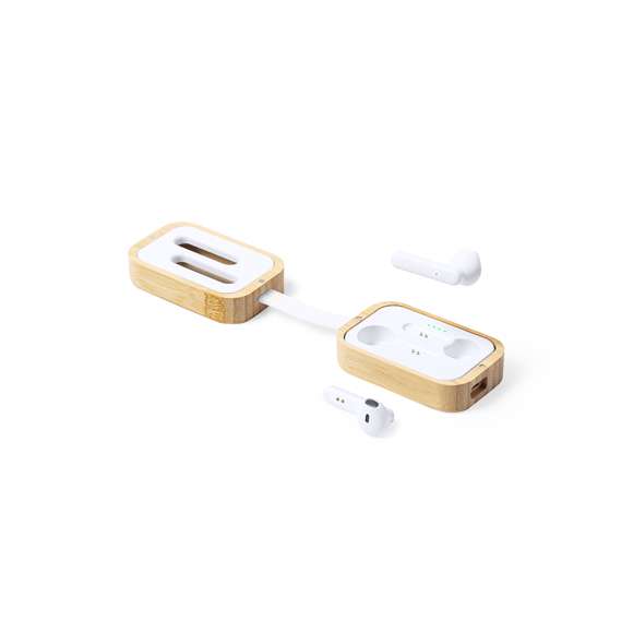  	Auriculares intraurales de línea nature, con conexión Bluetooth® 5.0 y batería de litio. En elegante acabado de color blanco y presentados en estuche cargador de bambú. De diseño ergonómico, incluyen botón de control táctil integrado en el auricular, con base de carga a juego y luz LED de estado de carga. Función manos libres y recargables, con cable micro USB incluido. Presentados en atractiva caja de diseño eco.