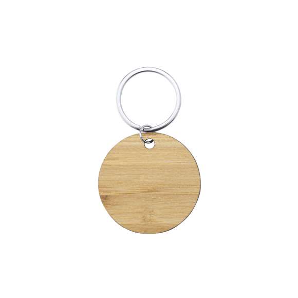 Llavero de línea nature fabricado en bambú, disponible en diseños circular, cuadrado y rectangular.