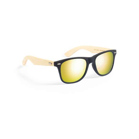  	Gafas de sol de línea nature con protección UV400. Montura negra en resistente material PC y patillas en bambú. Lentes AC (acetato de celulosa) de acabado espejo, disponibles en variada gama de colores. Presentada en atractiva caja de diseño eco.
