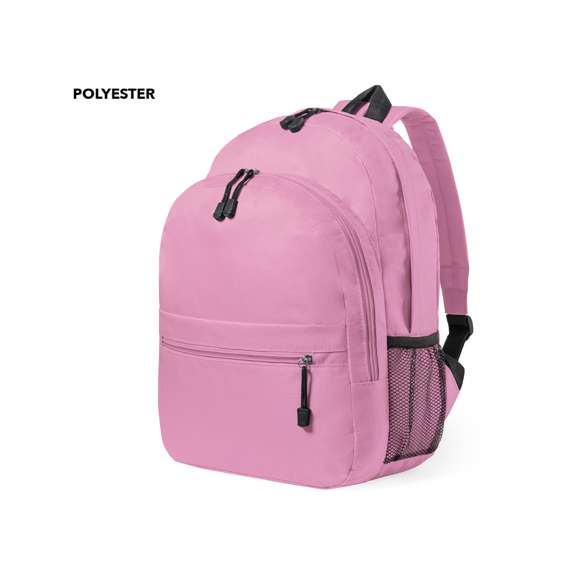  	Mochila en resistente poliéster 600D de desenfadado diseño en variada gama de colores. Dos compartimentos principales con cierre de cremallera y bolsillo en frontal. Redecilla lateral de fácil acceso, tiradores con cinta para fácil apertura y accesorios en color negro. Espalda acolchada y cintas de hombros ajustables con acolchado.