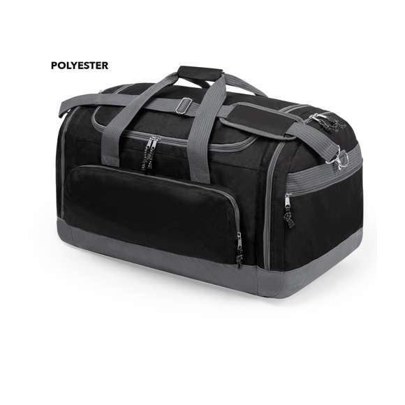 Bolso multiusos de gran capacidad en resistente poliéster 600D. De diseño bicolor, con base y detalles en color gris. Compartimento principal y bolsillos laterales con cierre de cremallera. Resistentes asas de transporte en nylon, con cierre de velcro a juego. Incluye cinta bandolera ajustable con cierre mosquetón y almohadilla de protección para el hombro a juego. Base reforzada.