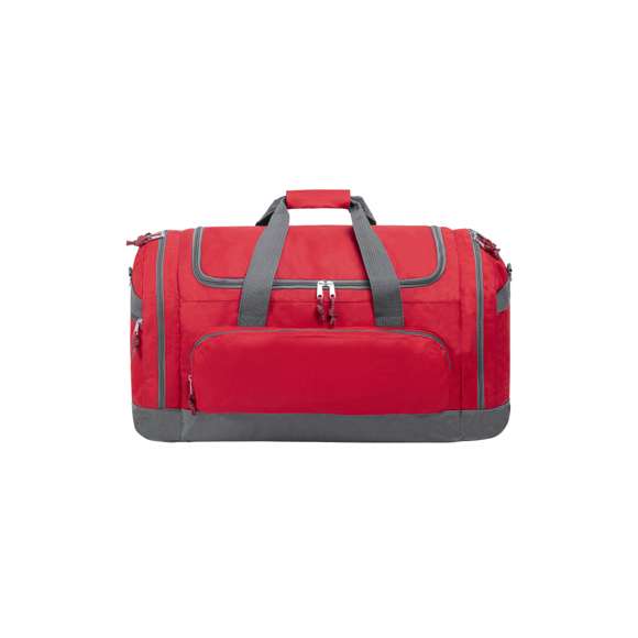 Bolso multiusos de gran capacidad en resistente poliéster 600D. De diseño bicolor, con base y detalles en color gris. Compartimento principal y bolsillos laterales con cierre de cremallera. Resistentes asas de transporte en nylon, con cierre de velcro a juego. Incluye cinta bandolera ajustable con cierre mosquetón y almohadilla de protección para el hombro a juego. Base reforzada.