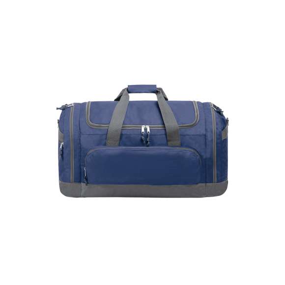 Bolso multiusos de gran capacidad en resistente poliéster 600D. De diseño bicolor, con base y detalles en color gris. Compartimento principal y bolsillos laterales con cierre de cremallera. Resistentes asas de transporte en nylon, con cierre de velcro a juego. Incluye cinta bandolera ajustable con cierre mosquetón y almohadilla de protección para el hombro a juego. Base reforzada.