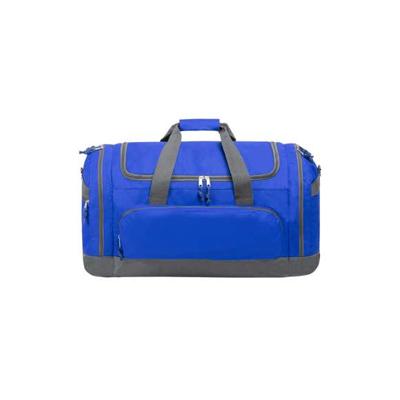 Bolso multiusos de gran capacidad en resistente poliéster 600D. De diseño bicolor, con base y detalles en color gris. Compartimento principal y bolsillos laterales con cierre de cremallera. Resistentes asas de transporte en nylon, con cierre de velcro a juego. Incluye cinta bandolera ajustable con cierre mosquetón y almohadilla de protección para el hombro a juego. Base reforzada.