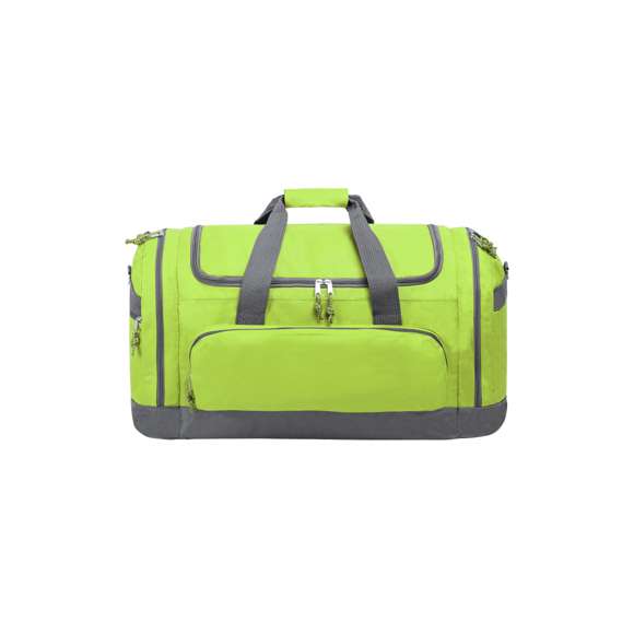 Bolso multiusos de gran capacidad en resistente poliéster 600D. De diseño bicolor, con base y detalles en color gris. Compartimento principal y bolsillos laterales con cierre de cremallera. Resistentes asas de transporte en nylon, con cierre de velcro a juego. Incluye cinta bandolera ajustable con cierre mosquetón y almohadilla de protección para el hombro a juego. Base reforzada.