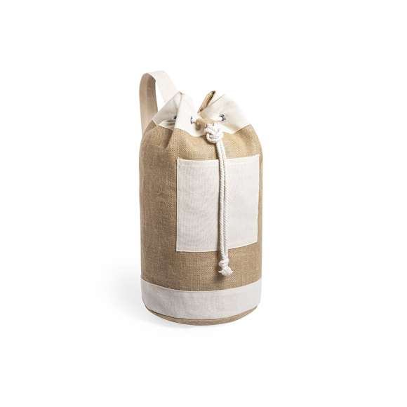 Petate multiusos de línea nature y diseño bicolor. Fabricado en yute, con detalles en algodón. Con cinta ajustable y bolsillo interior. Compartimento principal con argollas metálicas reforzadas y bolsillo frontal para fácil marcaje.